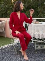  Shawl Collar Belted Women Pajama Sets 768