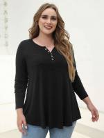 Long Sleeve  Plain Plus Size Tops 3481