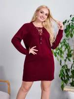 Lace Up Burgundy Casual Plus Size Sweater Dresses 5747