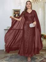 Burgundy Extra-Long Sleeve Glamorous Maxi Plus Size Dresses 4217