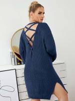 Long Sleeve Criss Cross Plain Casual Plus Size Sweater Dresses 240