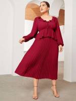 Pleated Elegant Long Sleeve Regular Fit Plus Size Dresses 4524