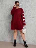 Long Round Neck Casual Burgundy Plus Size T-shirts 6018