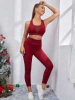  Contrast Mesh Burgundy Women Activewear 1911