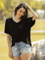 Short Sleeve Casual High Low V neck Women T-Shirts 510