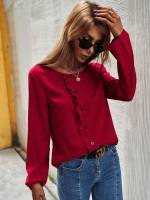 Fake Buttons Regular Fit Long Sleeve Women Tops, Blouses  Tee 5875