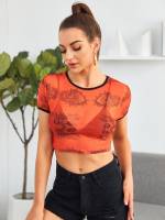 Slim Fit Burnt Orange Short Sleeve Sexy Women Tops 4672