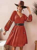 Casual Short Embroidery Tie Neck Women Dresses 714