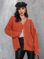 Plain Burnt Orange Rib-Knit Regular Women Knitwear 778