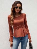  Long Sleeve Elegant Burnt Orange Women Tops, Blouses  Tee 8668