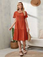 Boat Neck Ruffle Hem Regular Fit Plain Women Dresses 1049