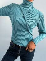Wrap High Neck Cadet Blue Slim Fit Women Clothing 3885