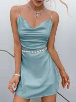 Elegant Cadet Blue Plain Spaghetti Strap Women Dresses 4818