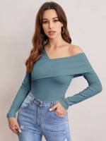 Cadet Blue Plain Asymmetrical Neck Long Sleeve Women Tops, Blouses  Tee 2439