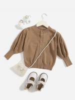 Round Neck Plain Button Front Long Sleeve Toddler Girls Knitwear 5749