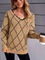 Geometric V neck Long Sleeve Camel Baby  Mom 60