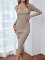 Stand Collar Slim Fit Long Sleeve Midi Women Sweater Dresses 71