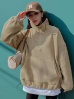 Pocket Casual Camel Plain Women Sweatshirts 990