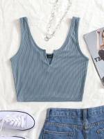 Plain Notched Rib-Knit Casual Women Tops, Blouses  Tee 920