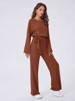 Long Sleeve Camel Casual Women Two-piece Outfits 8509