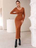 Slim Fit V neck Long Sleeve Plain Women Dresses 8284