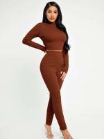  Long Sleeve Camel Stand Collar Women Two-piece Outfits 624