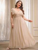 Regular Fit Cap Sleeve Deep V Neck Weddings  Events 6985