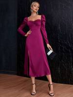 Plain Champagne Split Thigh Long Women Dresses 7627