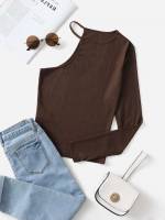 Long Sleeve Plain Slim Fit Asymmetrical Neck Girls Tops 8254