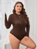 Plain Stand Collar Casual Chocolate Brown Plus Size Jumpsuits  Bodysuits 291