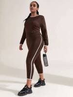 Round Neck Chocolate Brown  Plus Size Sports Sets 1865