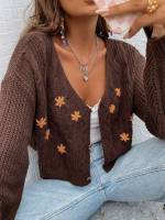 Crop Casual Embroidery V neck Women Knitwear 2540