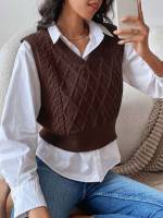 Chocolate Brown Casual Regular Fit V neck Women Sweater Vests 7555