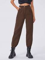 Plain Button Chocolate Brown Women Jeans 146