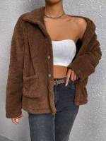  Plain Pocket Chocolate Brown Women Coats 8610