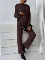 Rib-Knit Chocolate Brown Casual Long Sleeve Women Knitwear 1991