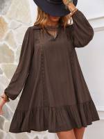 V neck Boho Contrast Lace Chocolate Brown Women Dresses 8002