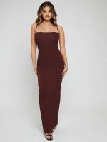 Chocolate Brown Spaghetti Strap Plain Maxi Women Clothing 468