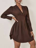 V neck Chocolate Brown Elegant Long Sleeve Women Dresses 6879