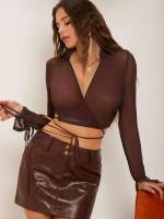 Plain Crop Chocolate Brown Wrap Women Tops 262