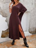 Loose Long Sleeve One Shoulder Plain Women Dresses 81