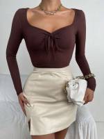 Chocolate Brown Ruched Crop Women Tops, Blouses  Tee 954