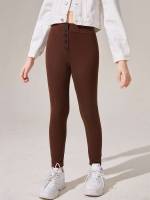 Casual Button Front Skinny Plain Girls Pants 1273