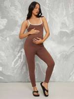 Coffee Brown Plain Spaghetti Strap Contrast Binding Maternity 952