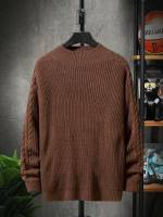  Coffee Brown Plain Round Neck Men Knitwear 8205