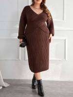 Wrap Plain Casual V neck Plus Size Knitwear 7090