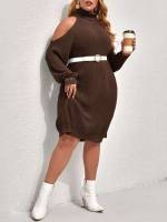 Coffee Brown Plain Knee Length Elegant Plus Size Sweater Dresses 2787