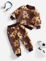 Regular Fit Long Sleeve Cartoon Coffee Brown Toddler Girl Two-piece Outfits 378