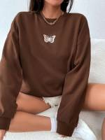 Round Neck Long Sleeve Coffee Brown Butterfly Women Sweatshirts 2462