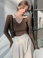 Contrast Collar Colorblock Coffee Brown Long Sleeve Women Knitwear 6750